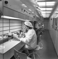 Eine Mitarbeiterin mit Kittel und Kopfbedeckung an einem Labortisch sitzend, Januar 1973.